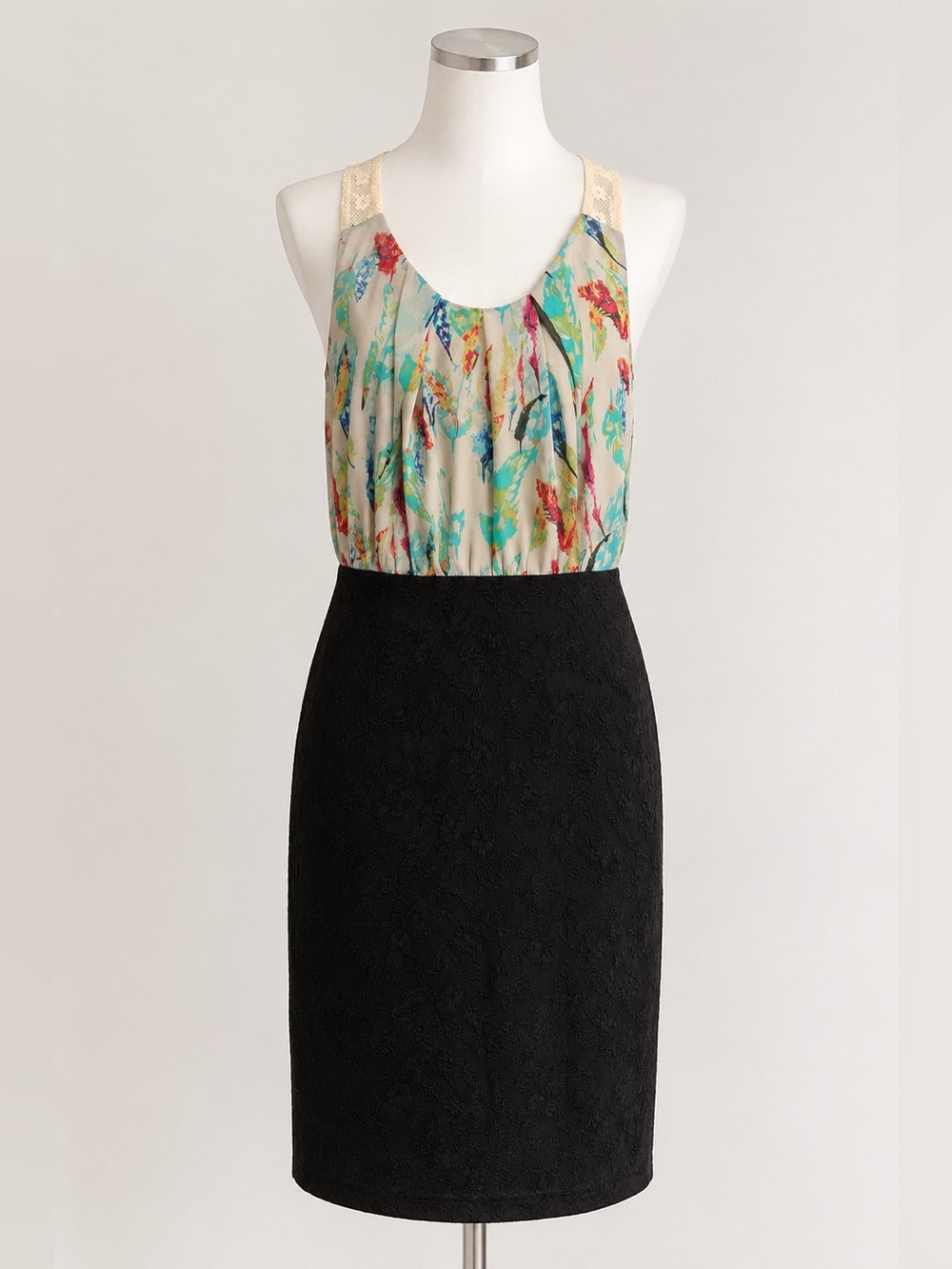 Two-Tone Floral Print Bodice & Black Lace Pencil Dress